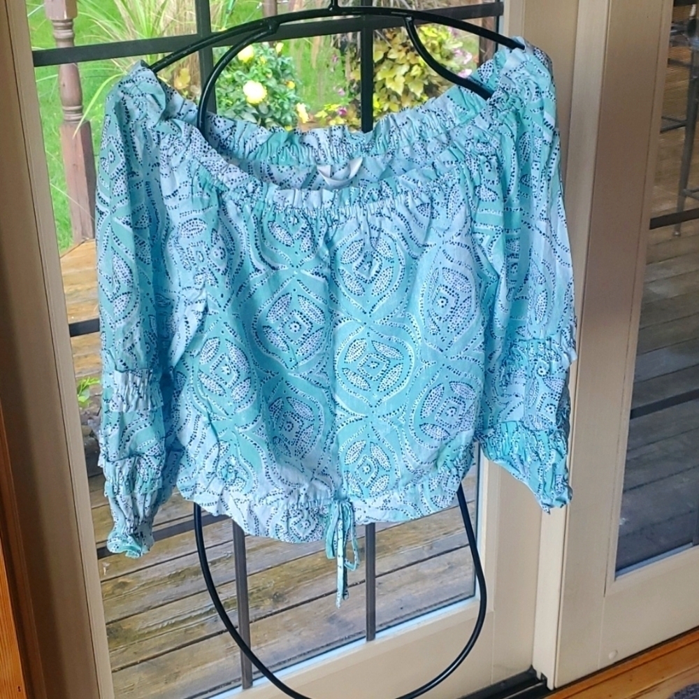 LC Lauren Conrad Green White‎ Sz. L Cinched Crop Top Blouse